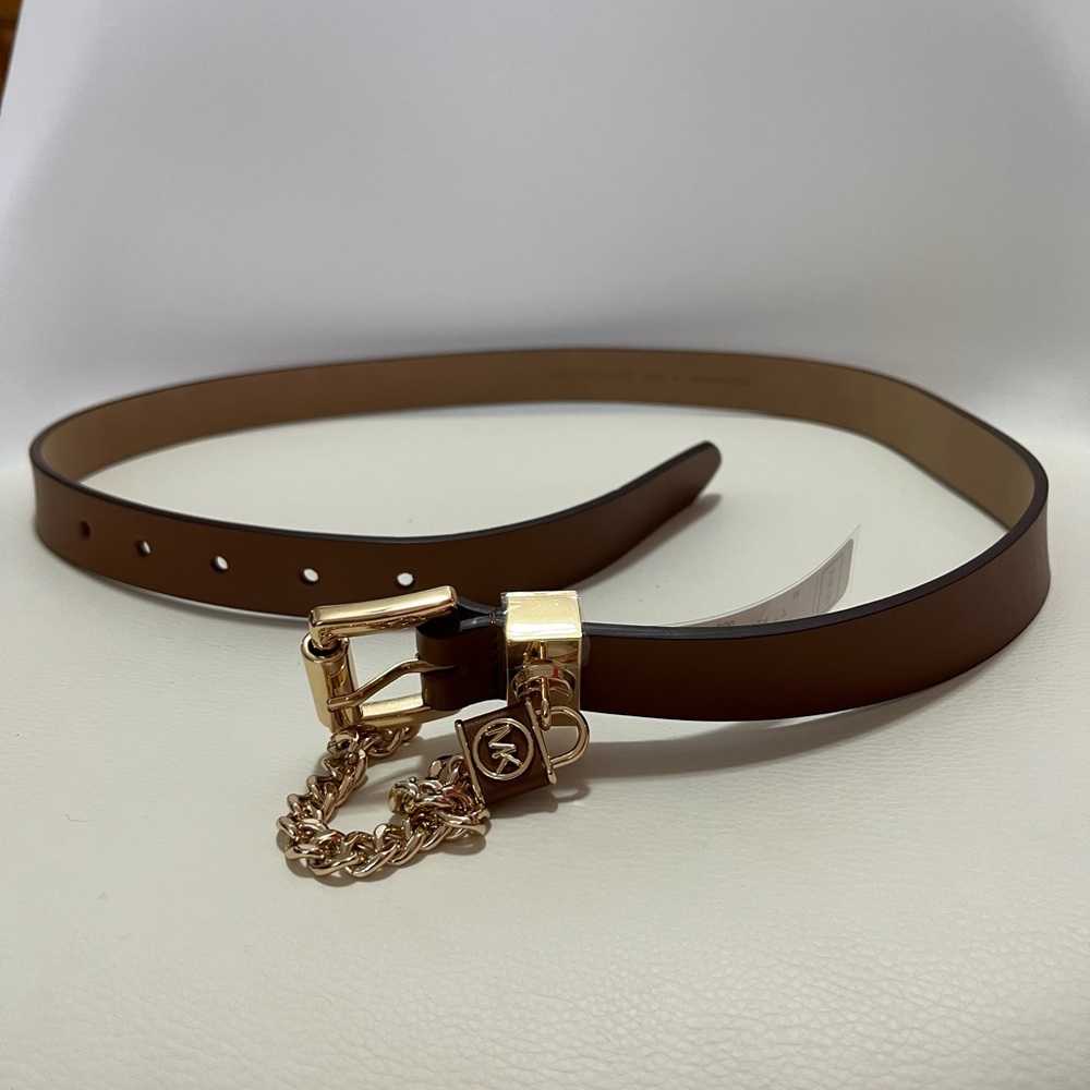 Michael Kors Brown Leather Belt with Gold Chain Accent